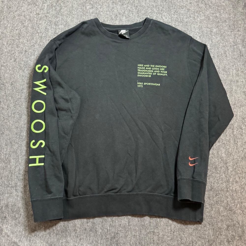 Nike Sportswear Swoosh Crewneck Sweatshirt Black Neon Green DJ0465-010 Mens XL